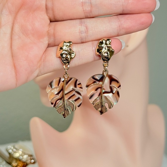 Gold and Brown Leaf Drop Earrings - Picture 9 of 9